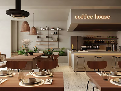 Cozy Coffee House Interior Featuring Wooden Tables Brown Chairs Bar Counter And Hanging Lamps 3d model