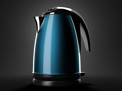 Glossy Blue Electric Kettle With Black Handle And Base On Black Background 3d model