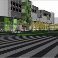 Vibrant Commercial Street With Modern Buildings Shops Pedestrians Cars Outdoor Seating And Greenery