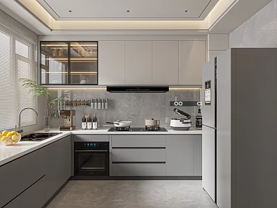 Modern Open Kitchen Interior Design With Island Counter Cabinets And Appliances 3d model