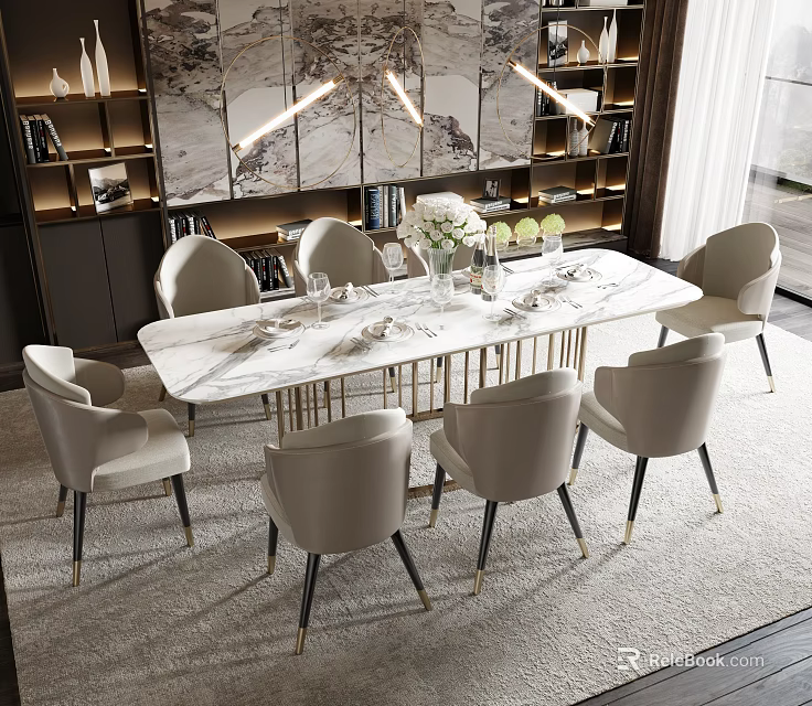 Elegant Modern Dining Table Set With Marble Tabletop Beige Chairs Gold Legs And Decorative Background 3d model 
