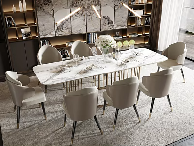 Elegant Modern Dining Table Set With Marble Tabletop Beige Chairs Gold Legs And Decorative Background 3d model
