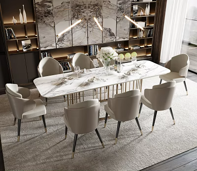 Elegant Modern Dining Table Set With Marble Tabletop Beige Chairs Gold Legs And Decorative Background 3d model