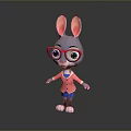 Cute Cartoon Rabbit Character Wearing Red Glasses In Pink Coat And Blue Skirt