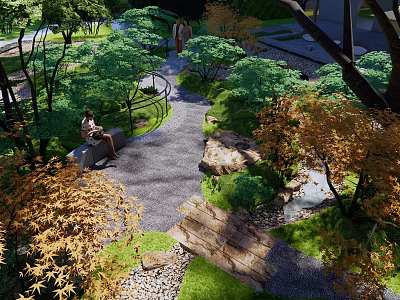 Tranquil Courtyard Garden With Stone Pathway Lush Greenery Autumn Trees And Flowing Stream 3d model