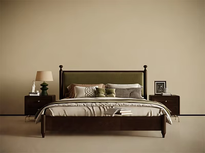 Wooden Double Bed with Green Headboard Pillows Nightstands and Table Lamp on Beige Wall 3d model