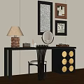 Elegant Dark Wood Dressing Table With Mirror Lamp Decorative Items And Chair