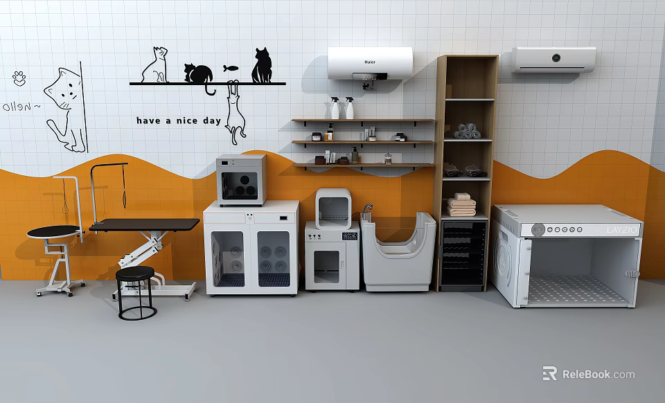 Modern Dryer Interior With Shelves Workbench And Cat Themed Wall Decor 3d model