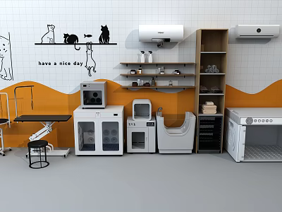 Modern Dryer Interior With Shelves Workbench And Cat Themed Wall Decor 3d model
