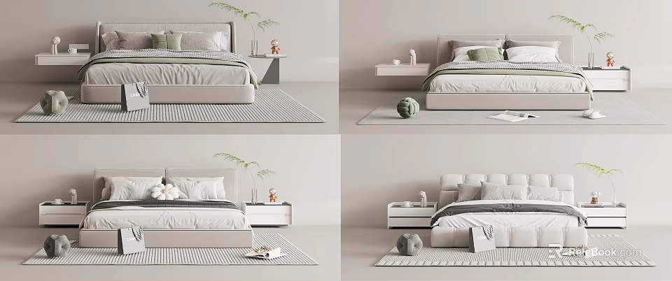 Modern Double Bed With Bedside Tables Soft Pillows And Decorative Plants On Rug 3d model 