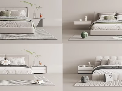 Modern Double Bed With Bedside Tables Soft Pillows And Decorative Plants On Rug 3d model