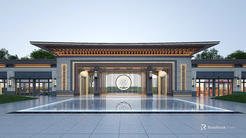 Chinese Traditional Entrance Gate with Symmetrical Structure Circular Pattern and Wooden Decorations 3d model