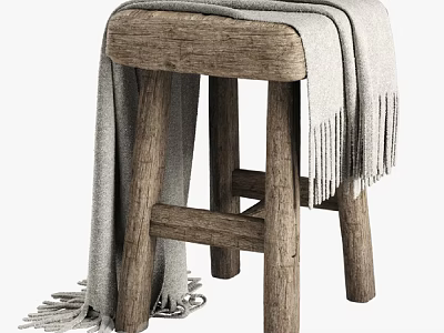 Natural Wooden Stool With Gray Fringed Blanket Draped Over Rustic Structure 3d model