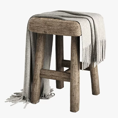 Natural Wooden Stool With Gray Fringed Blanket Draped Over Rustic Structure 3d model