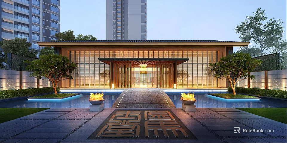 Modern Sales Office Building With Glass Curtain Walls Decorative Floor Tiles Water Pools And Trees 3d model 