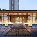 Modern Sales Office Building With Glass Curtain Walls Decorative Floor Tiles Water Pools And Trees
