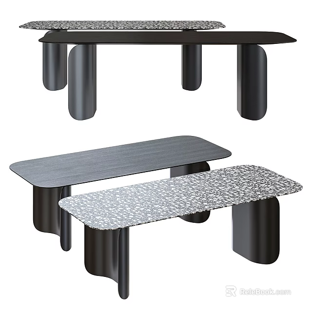 Modern Design Tables with Wood Grain and Speckled Tabletops and Black Cylindrical Legs 3d model 
