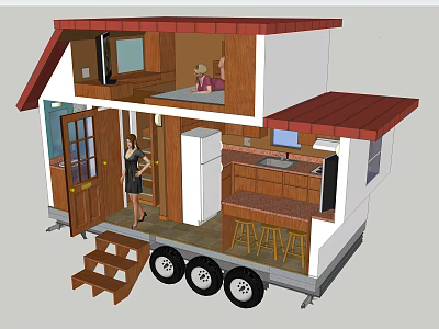 Travel Trailer Mobile Home With Kitchen Bar Counter Staircase And Wheels 3d model