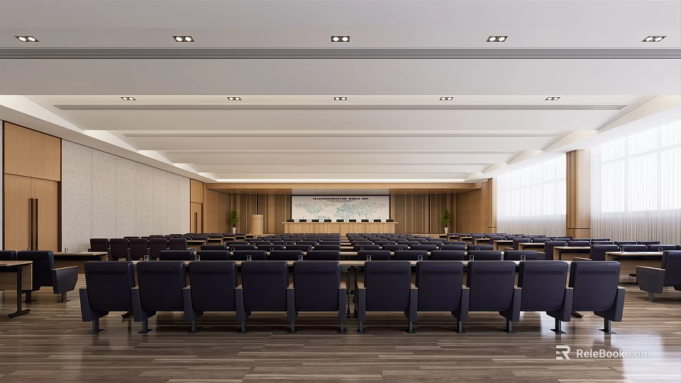 Spacious Modern Conference Room Interior With Comfortable Seats Projection Screen And Ceiling Lights 3d model