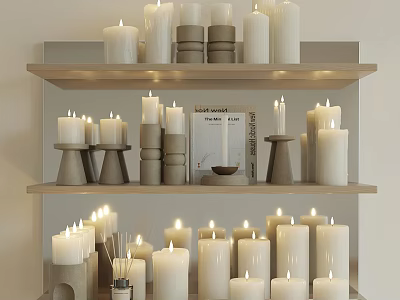Candle Lamp Decorative Display on Multi Layered Shelves with Various Designs and Warm Lighting 3d model