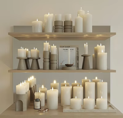 Candle Lamp Decorative Display on Multi Layered Shelves with Various Designs and Warm Lighting 3d model