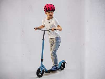 Woman Riding Blue Scooter Wearing Pink Helmet Against White Background 3d model