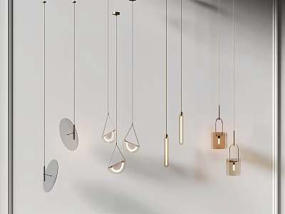 Modern Interior Featuring Various Stylish Hanging Pendant Lights With Unique Designs 3d model