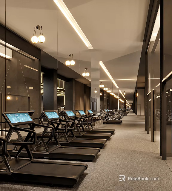 Modern Gym Interior With Row Of Treadmills And Ceiling Lights 3d model 