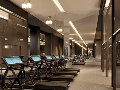 Modern Gym Interior With Row Of Treadmills And Ceiling Lights 3d model