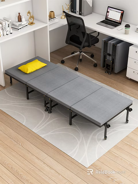 Gray Foldable Bed With Yellow Pillow Office Chair File Cabinets On Wooden Floor And Rug 3d model 