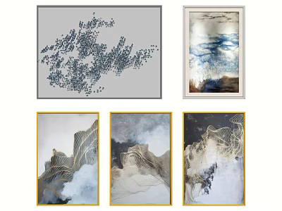 Modern Abstract Wall Art With Gold Lines Cloud Patterns And Mountain Designs 3d model