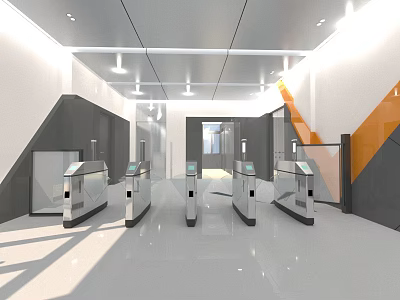 Modern Public Facility Interior With Turnstiles Gray Orange Walls And Bright Lighting 3d model