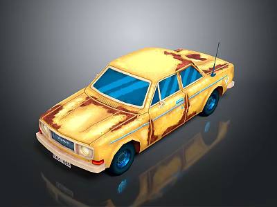 Old Yellow Rusty Car With Blue Windows Blue Wheels And Antenna 3d model