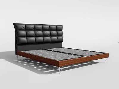 Modern Double Bed with Black Leather Tufted Headboard and Wooden Frame 3d model