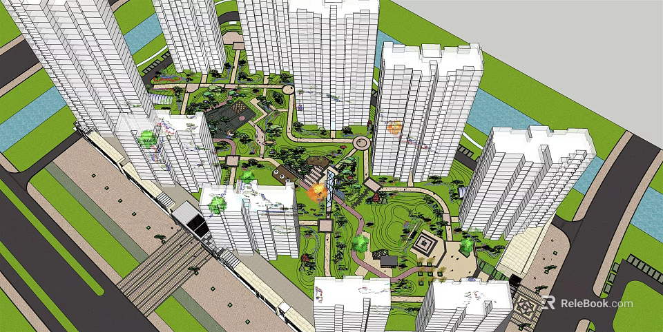 Residential Complex Layout With High Rise Buildings And Central Green Areas 3d model 