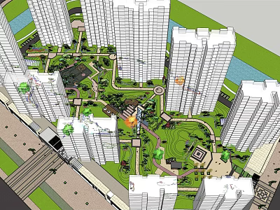Residential Complex Layout With High Rise Buildings And Central Green Areas 3d model