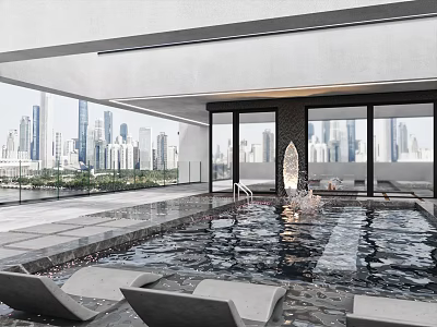 Luxurious Villa Balcony With Infinity Pool Sun Loungers And City View 3d model