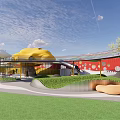 Fun Colorful Kids Playground With Yellow Cloud Structures Red Arches And Raindrop Decorations