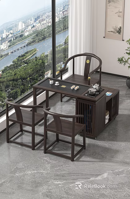 Elegant Chinese Tea Table Chairs with Tea Set and Large Window View 3d model 