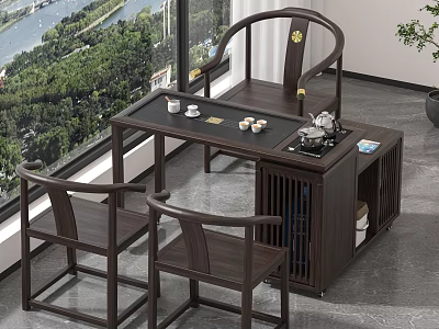 Elegant Chinese Tea Table Chairs with Tea Set and Large Window View 3d model