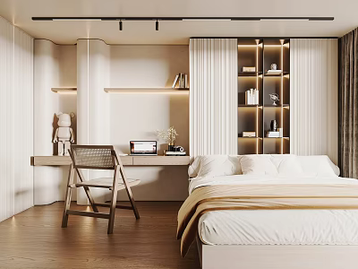 Tatami Bedroom Interior With Minimalist Design Wooden Floor Desk And Bookshelf Lighting 3d model