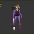 Fantasy Creature Character With Blue Skin Red Hair Holding Spear And Red Shoes