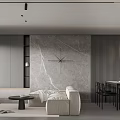 Modern Minimalist Living Dining Room Interior With Open Concept Gray Storage Cabinets And Artwork