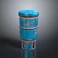 Rusted Blue Cylindrical Industrial Component With Multi Layered Design and Base Openings