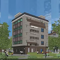 Modern Multi Story Residential Building With Light Exterior Dark Accents Windows Balconies And Green Trees