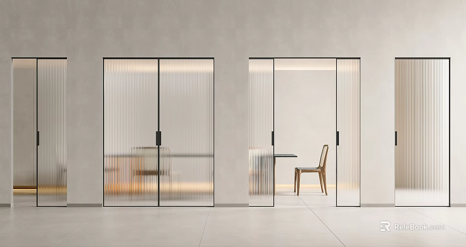 Modern Sliding Doors with Ribbed Glass in Gray Wall Interior Featuring Wooden Table And Chair 3d model 