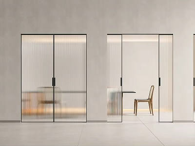 Modern Sliding Doors with Ribbed Glass in Gray Wall Interior Featuring Wooden Table And Chair 3d model