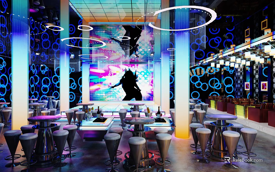 Modern Bar Interior Featuring Colorful Lighting Neon Lights Mural Bar Counter And High Stools 3d model 