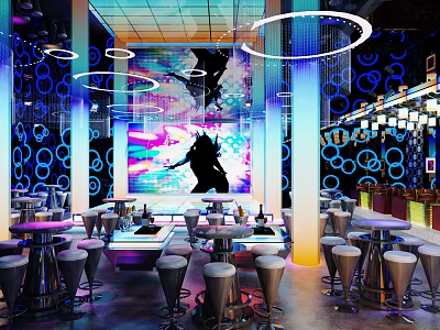 Modern Bar Interior Featuring Colorful Lighting Neon Lights Mural Bar Counter And High Stools 3d model