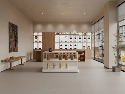 Modern Boutique Interior Featuring Wooden Display Shelves And Product Arrangements With Decorative Elements 3d model